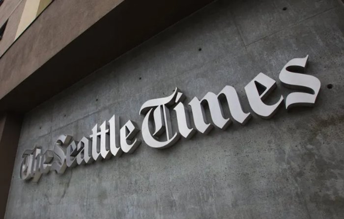 Exterior shot of The Seattle Times building located at 1000 Denny Way in Seattle, Washington, Thursday, May 10, 2018.